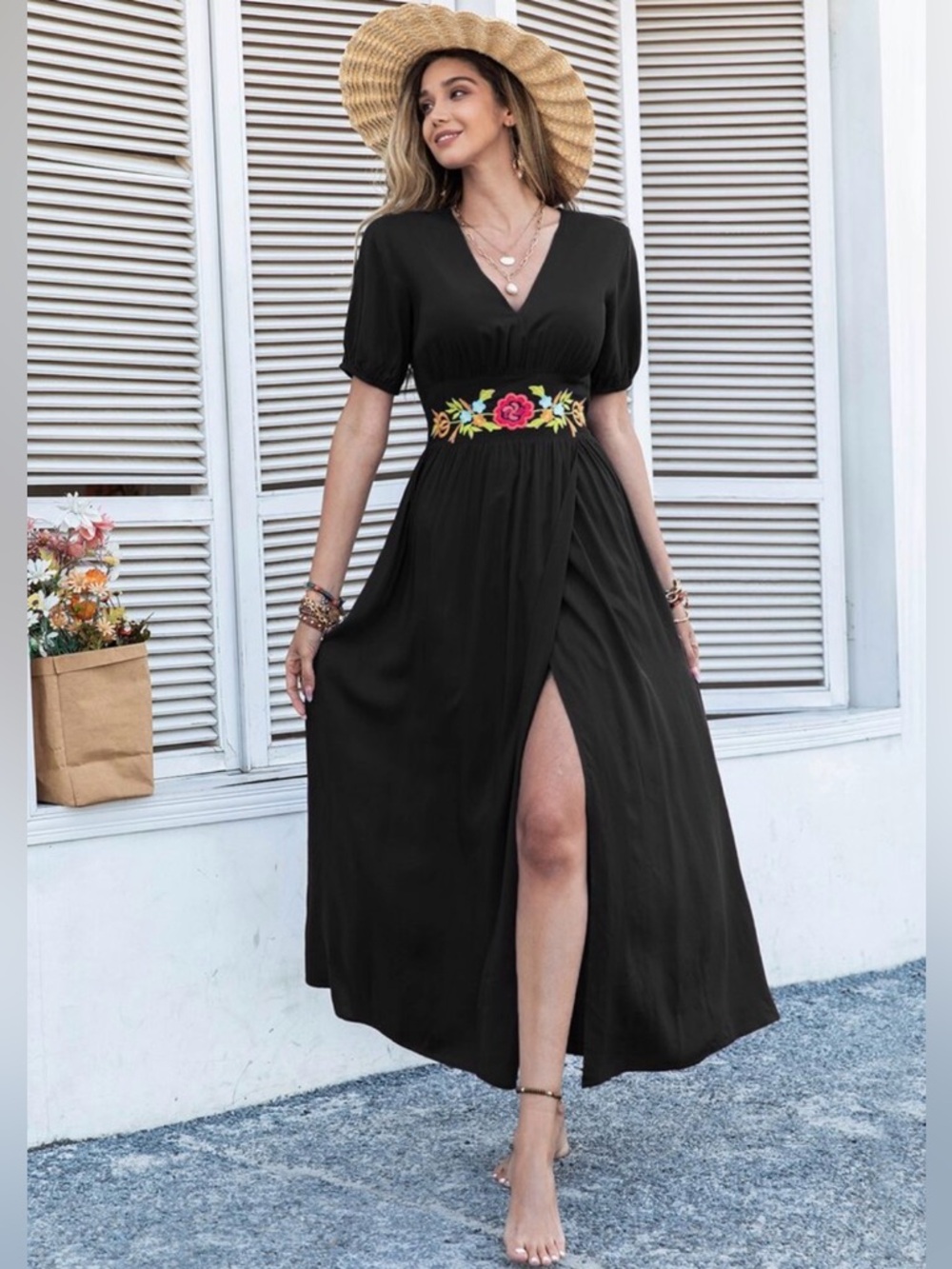NWOT RusstyDussty Elegant Black Dress with Floral Embroidery with Side Wrap/Slit